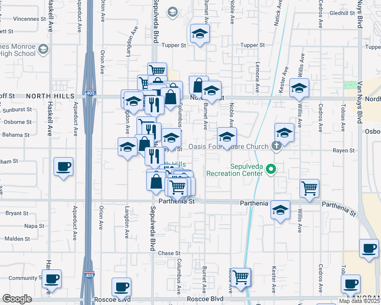 map of restaurants, bars, coffee shops, grocery stores, and more near 15234 Rayen Street in Los Angeles