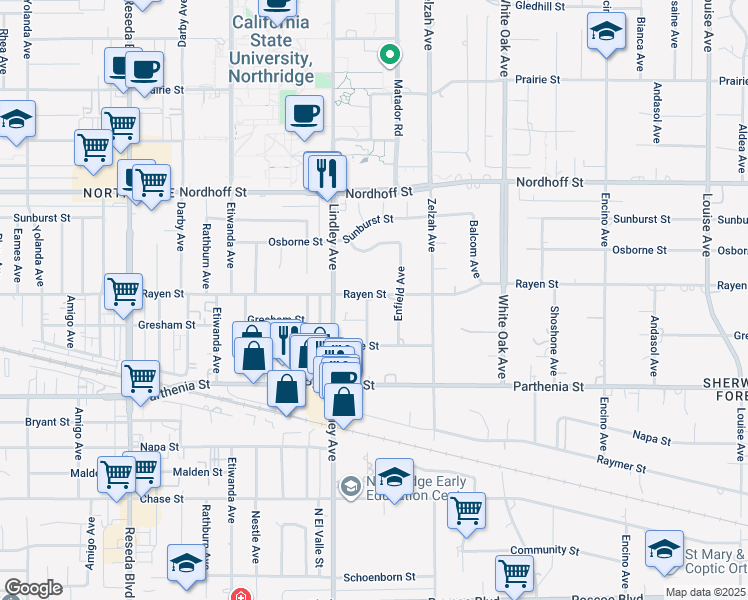 map of restaurants, bars, coffee shops, grocery stores, and more near 8852 Newcastle Avenue in Los Angeles