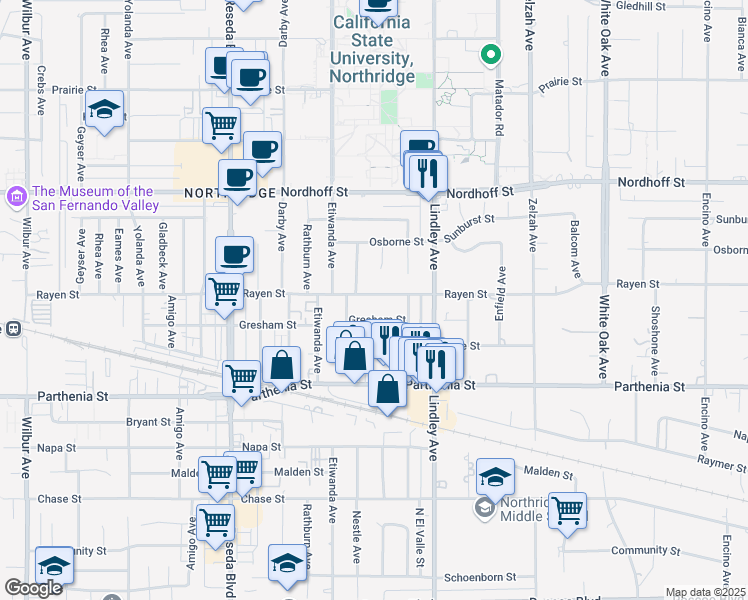 map of restaurants, bars, coffee shops, grocery stores, and more near 18210 Rayen Street in Los Angeles