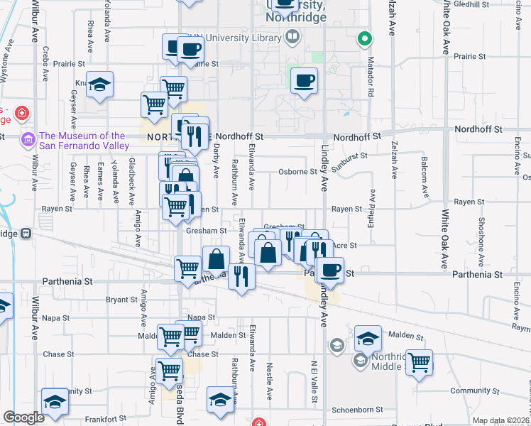 map of restaurants, bars, coffee shops, grocery stores, and more near 18256 Rayen Street in Los Angeles