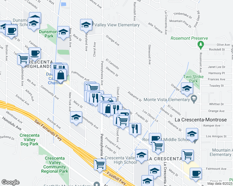 map of restaurants, bars, coffee shops, grocery stores, and more near 3100 Los Olivos Lane in La Crescenta-Montrose