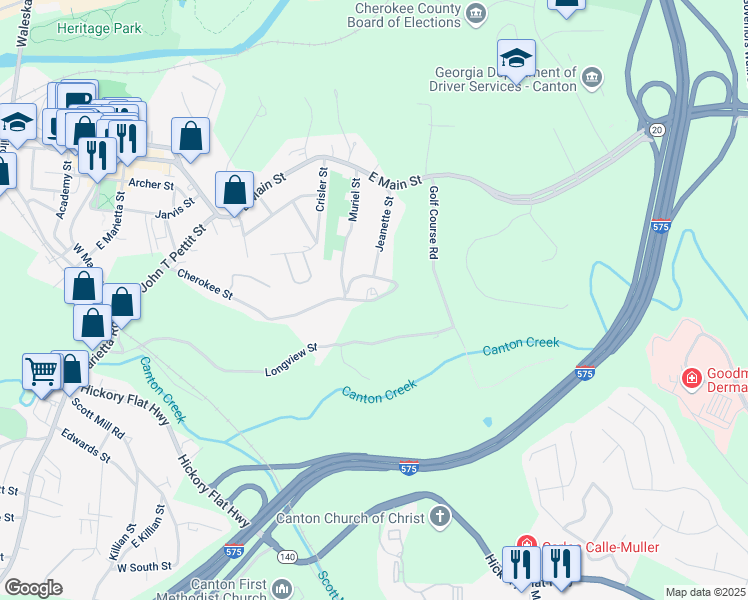 map of restaurants, bars, coffee shops, grocery stores, and more near Hospital Circle in Canton
