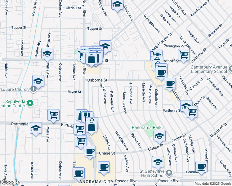 map of restaurants, bars, coffee shops, grocery stores, and more near 8855 Sylmar Avenue in Los Angeles