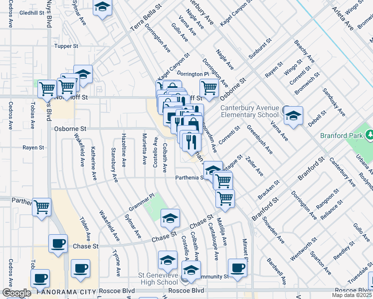 map of restaurants, bars, coffee shops, grocery stores, and more near 8929 Woodman Avenue in Los Angeles