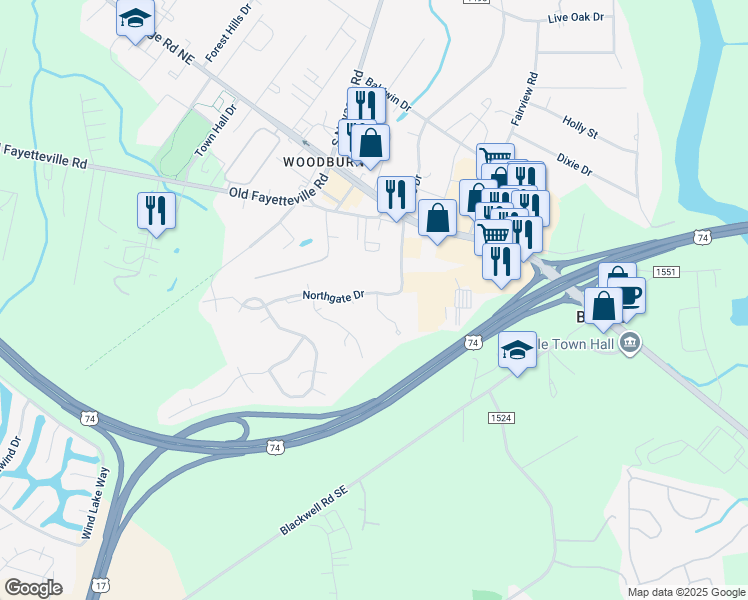 map of restaurants, bars, coffee shops, grocery stores, and more near 1001 Macklin Street in Leland