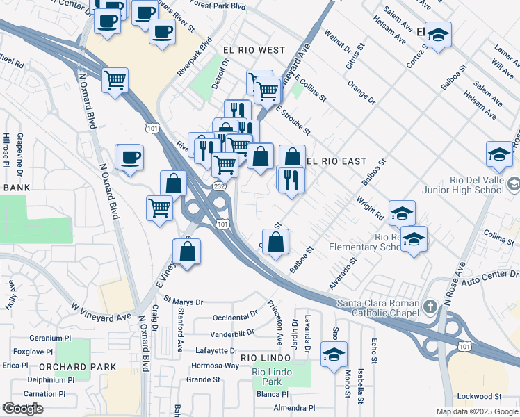 map of restaurants, bars, coffee shops, grocery stores, and more near 211 Ventura Boulevard in Oxnard