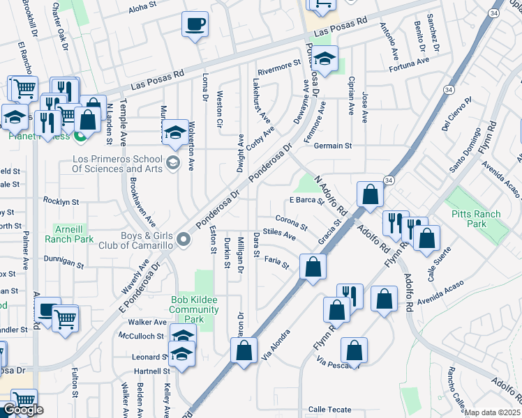 map of restaurants, bars, coffee shops, grocery stores, and more near 1458 Dara Street in Camarillo
