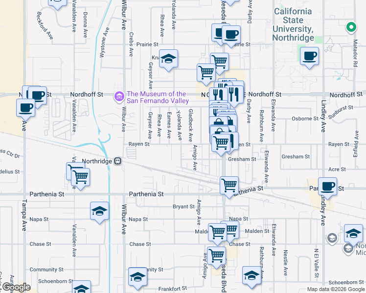 map of restaurants, bars, coffee shops, grocery stores, and more near 18628 Rayen Street in Los Angeles