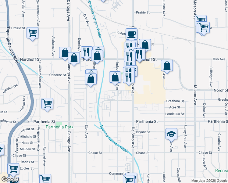 map of restaurants, bars, coffee shops, grocery stores, and more near 8865 Independence Avenue in Los Angeles