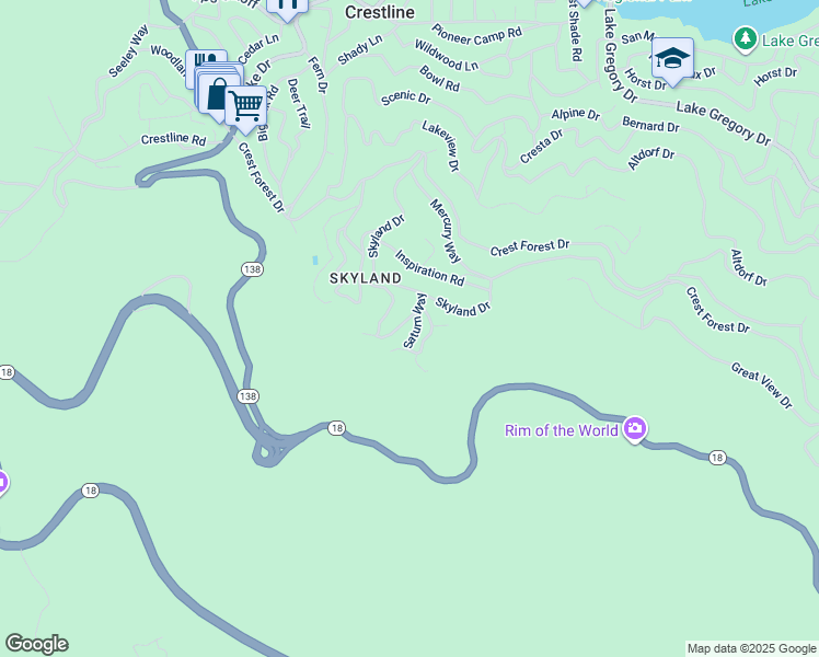 map of restaurants, bars, coffee shops, grocery stores, and more near 1180 Jupiter Way in Crestline