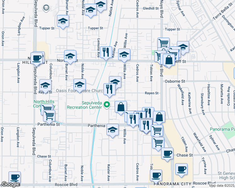 map of restaurants, bars, coffee shops, grocery stores, and more near 14834 Rayen Street in Los Angeles