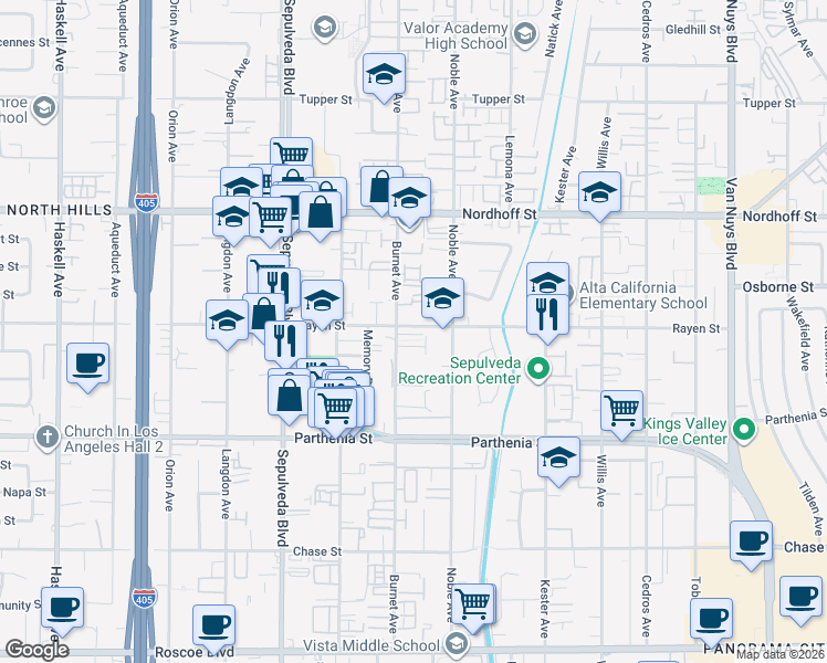 map of restaurants, bars, coffee shops, grocery stores, and more near 8886 Burnet Avenue in Los Angeles