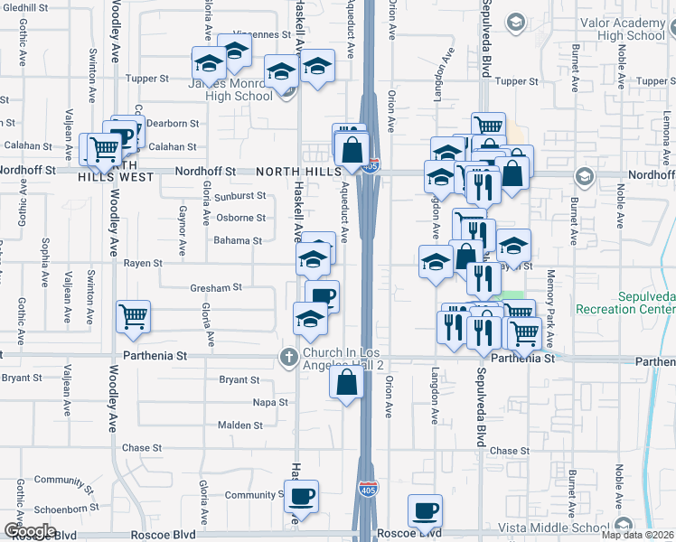 map of restaurants, bars, coffee shops, grocery stores, and more near 15708 Rayen Street in Los Angeles