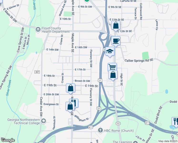 map of restaurants, bars, coffee shops, grocery stores, and more near 414 East 17th Street in Rome