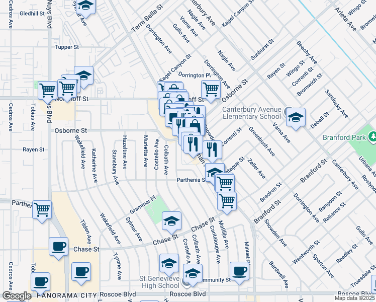 map of restaurants, bars, coffee shops, grocery stores, and more near 8929 Woodman Avenue in Los Angeles