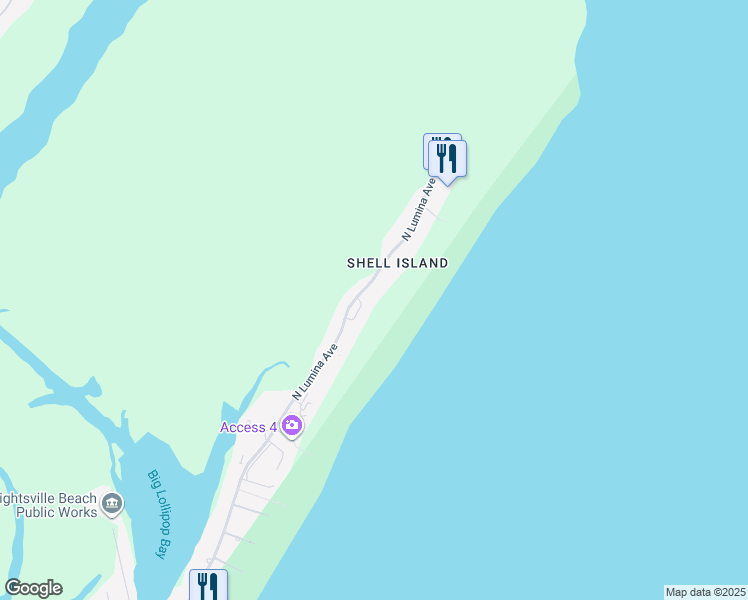 map of restaurants, bars, coffee shops, grocery stores, and more near 2508 North Lumina Avenue in Wrightsville Beach