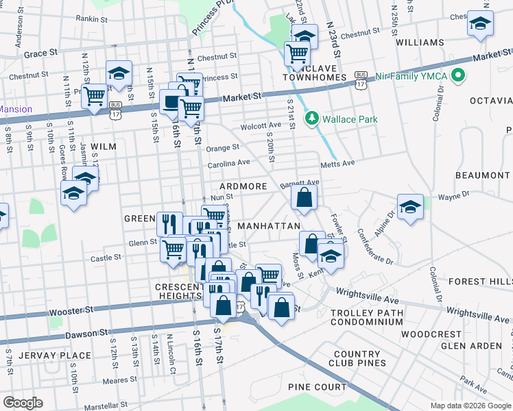 map of restaurants, bars, coffee shops, grocery stores, and more near 1917 Church Street in Wilmington