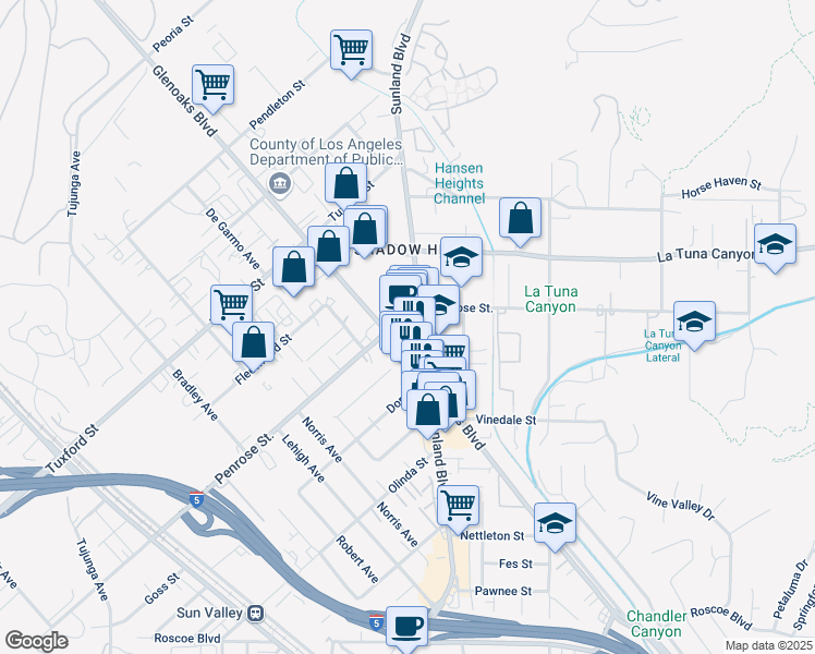 map of restaurants, bars, coffee shops, grocery stores, and more near 8914 Glenoaks Boulevard in Los Angeles