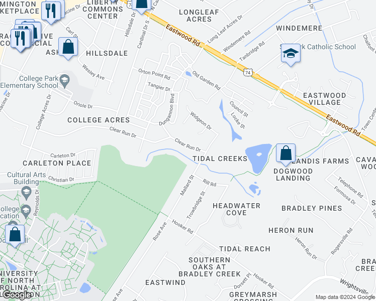 map of restaurants, bars, coffee shops, grocery stores, and more near 5416 Clear Run Drive in Wilmington