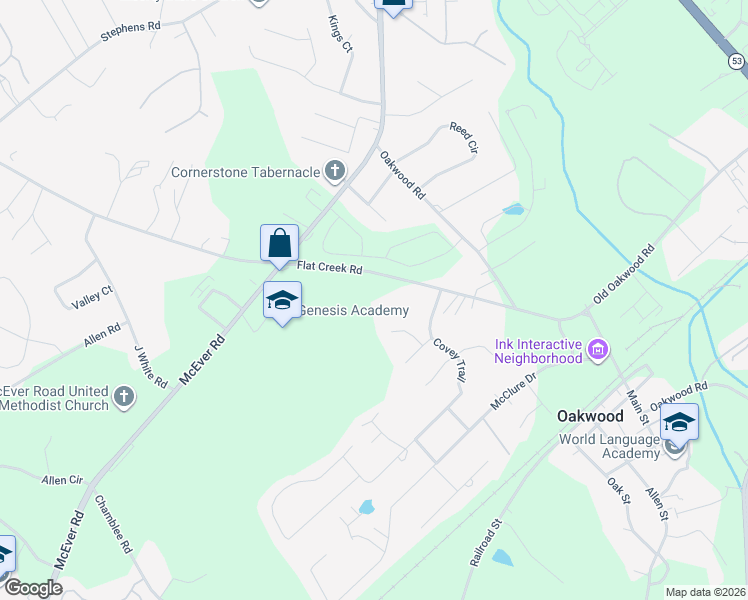 map of restaurants, bars, coffee shops, grocery stores, and more near 4021 Flat Creek Road in Oakwood