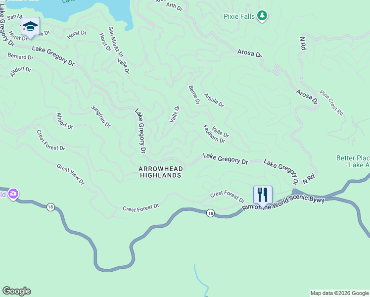 map of restaurants, bars, coffee shops, grocery stores, and more near 24861 Finhaut Drive in Crestline