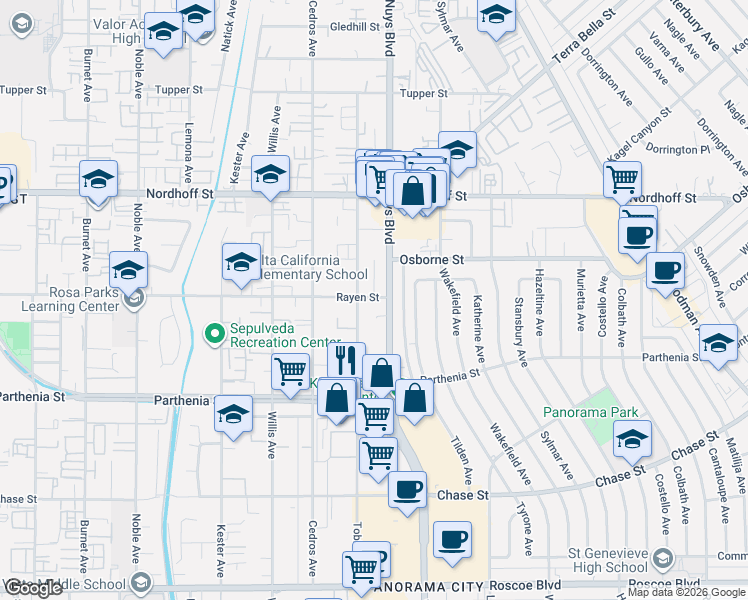 map of restaurants, bars, coffee shops, grocery stores, and more near 8849 Van Nuys Boulevard in Los Angeles