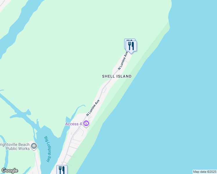 map of restaurants, bars, coffee shops, grocery stores, and more near 2508 North Lumina Avenue in Wrightsville Beach