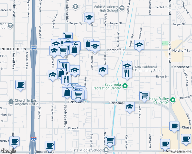 map of restaurants, bars, coffee shops, grocery stores, and more near 8886 Burnet Avenue in Los Angeles