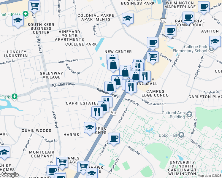 map of restaurants, bars, coffee shops, grocery stores, and more near 5011 Randall Pkwy in Wilmington