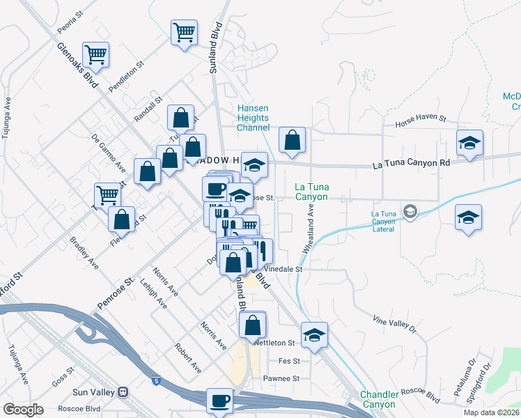 map of restaurants, bars, coffee shops, grocery stores, and more near 8934 Helen Avenue in Los Angeles