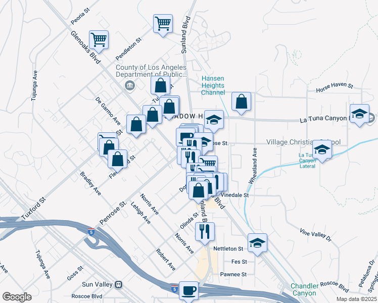 map of restaurants, bars, coffee shops, grocery stores, and more near 8914 Glenoaks Boulevard in Los Angeles