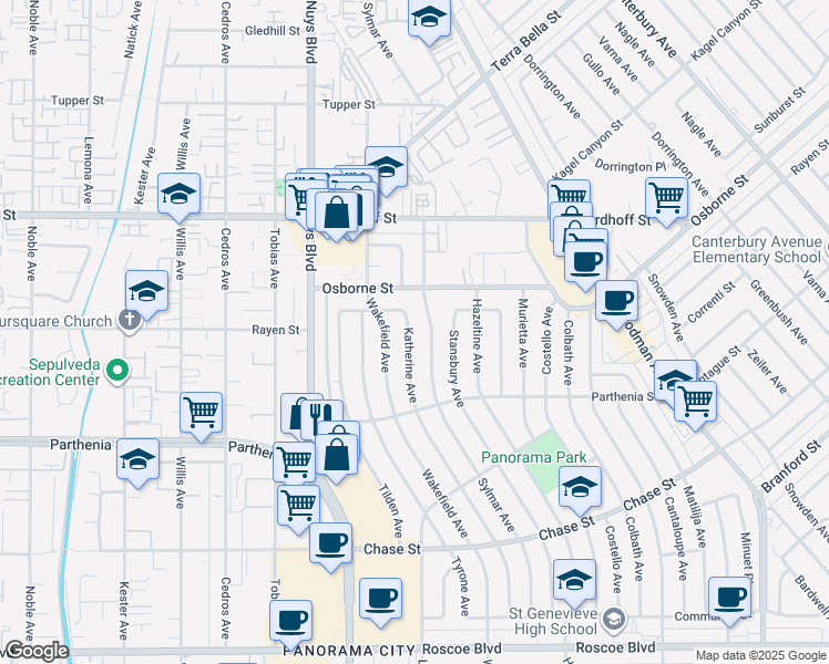 map of restaurants, bars, coffee shops, grocery stores, and more near 8866 Katherine Avenue in Los Angeles