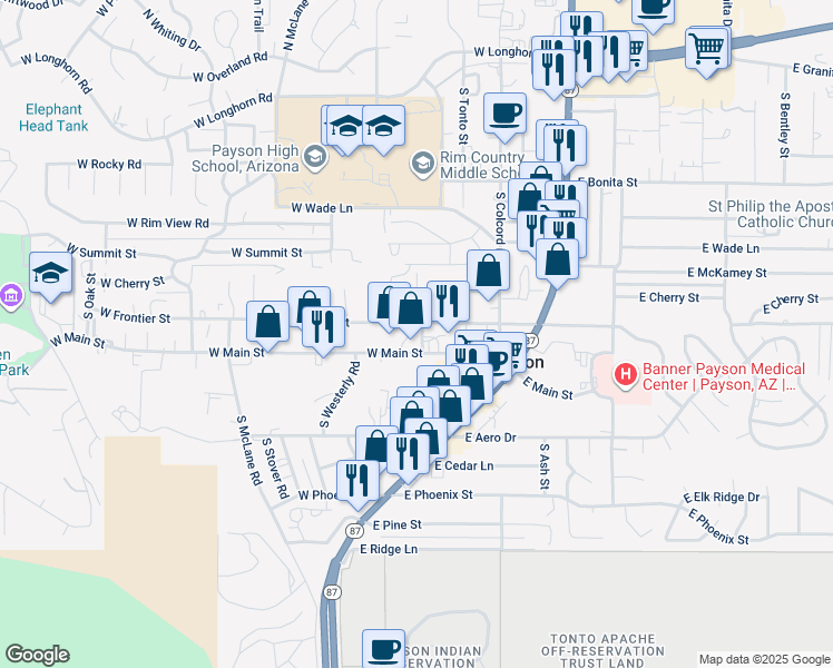 map of restaurants, bars, coffee shops, grocery stores, and more near 212 South Meadows Street in Payson