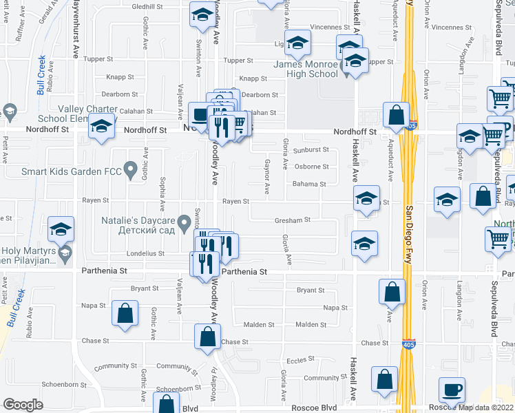map of restaurants, bars, coffee shops, grocery stores, and more near 16052 Rayen Street in Los Angeles