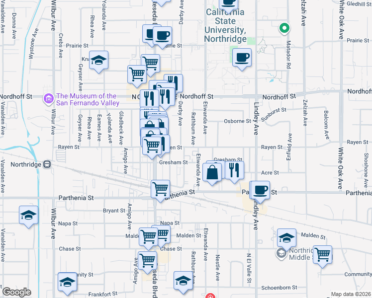 map of restaurants, bars, coffee shops, grocery stores, and more near 18338 Rayen Street in Los Angeles