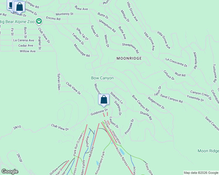 map of restaurants, bars, coffee shops, grocery stores, and more near 1134 Siskiyou Drive in Big Bear Lake