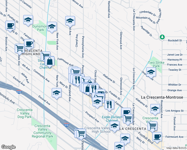 map of restaurants, bars, coffee shops, grocery stores, and more near 3104 Los Olivos Lane in La Crescenta-Montrose