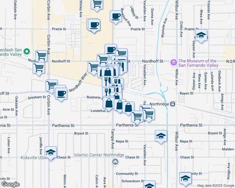 map of restaurants, bars, coffee shops, grocery stores, and more near 8870 Tampa Ave in Northridge
