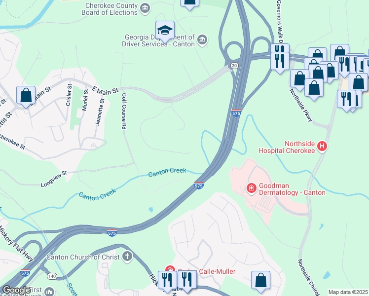 map of restaurants, bars, coffee shops, grocery stores, and more near 357 Breeze Hill Lane in Canton