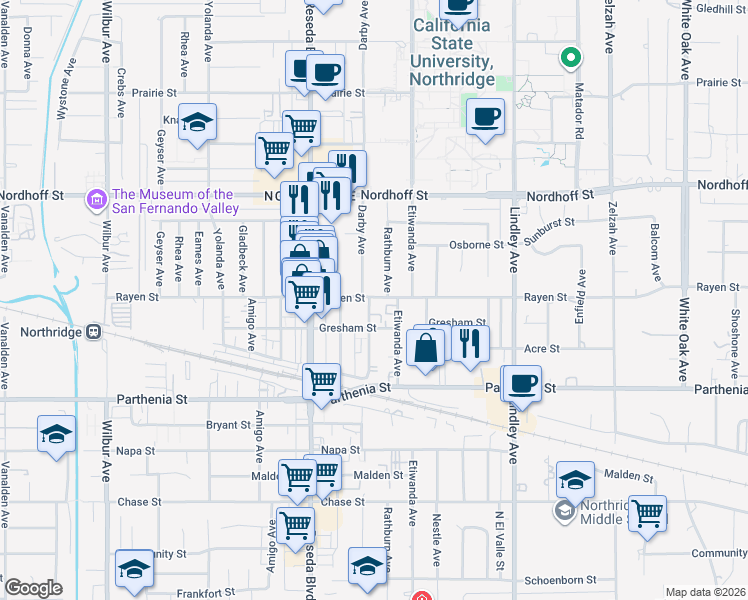 map of restaurants, bars, coffee shops, grocery stores, and more near 18338 Rayen Street in Los Angeles