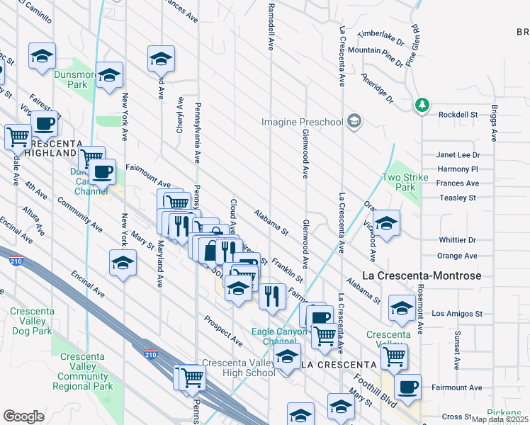 map of restaurants, bars, coffee shops, grocery stores, and more near 3003 Alabama Street in La Crescenta-Montrose