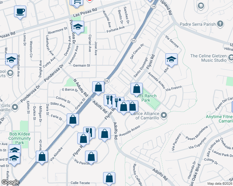 map of restaurants, bars, coffee shops, grocery stores, and more near 4530 Via Presidio in Camarillo