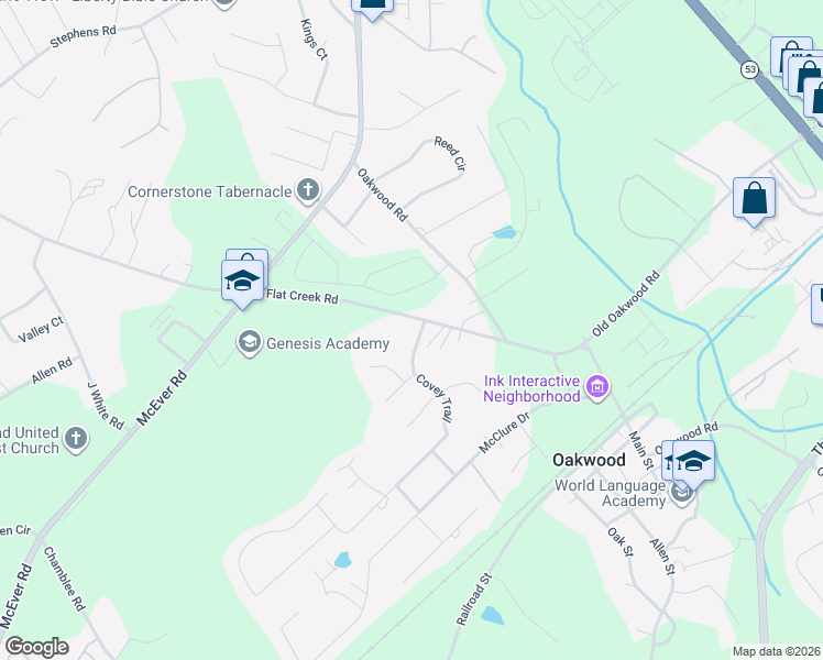 map of restaurants, bars, coffee shops, grocery stores, and more near 4006 Covey Trail in Oakwood