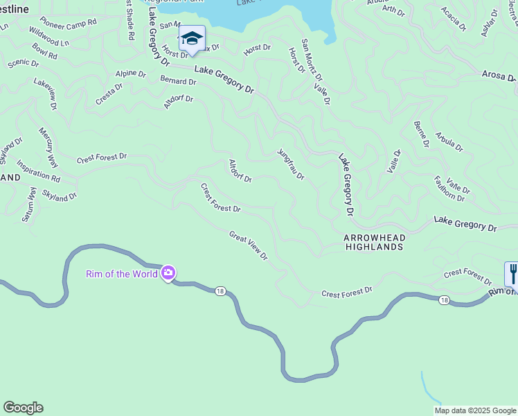 map of restaurants, bars, coffee shops, grocery stores, and more near Albrun Drive in Crestline