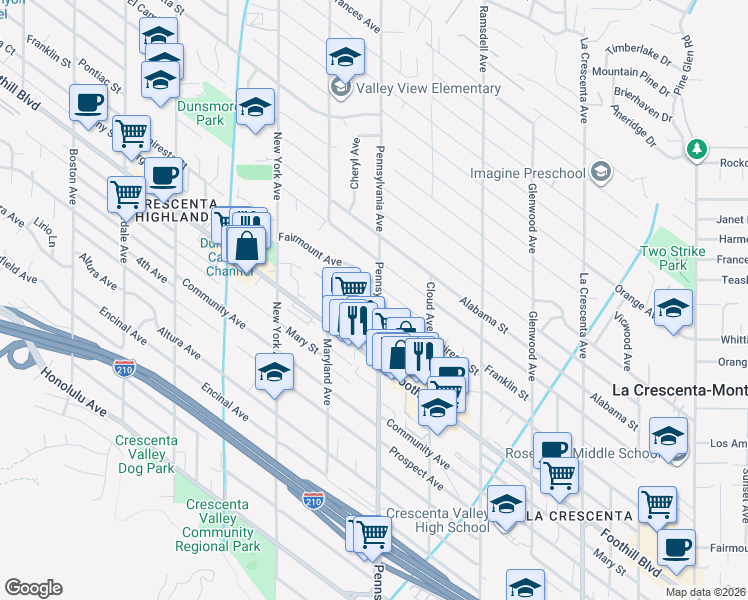 map of restaurants, bars, coffee shops, grocery stores, and more near 3200 Fairesta Street in Glendale