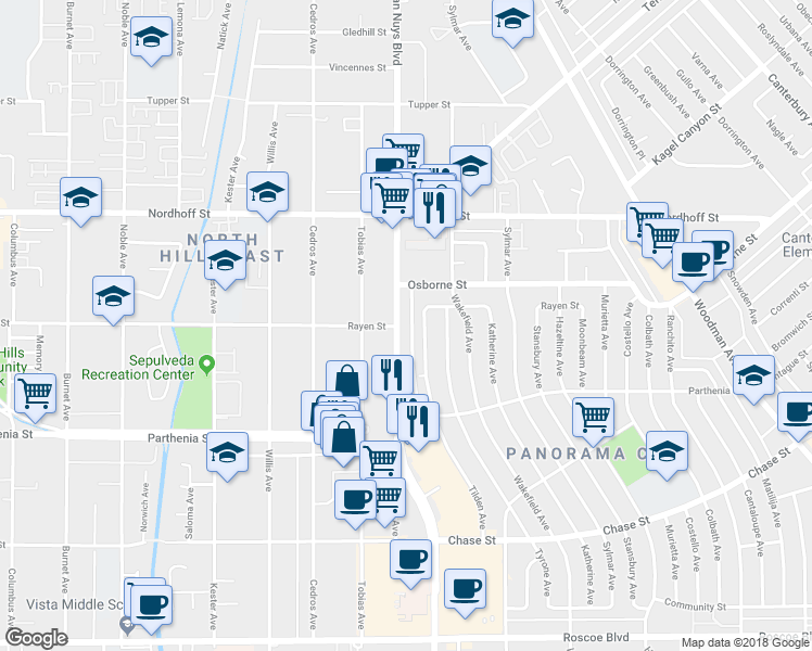 map of restaurants, bars, coffee shops, grocery stores, and more near 8849 Van Nuys Boulevard in Los Angeles