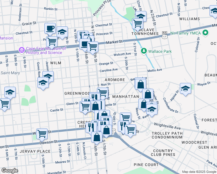map of restaurants, bars, coffee shops, grocery stores, and more near 412 South 19th Street in Wilmington