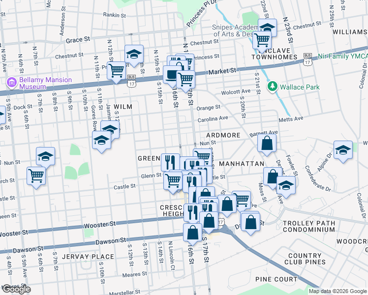 map of restaurants, bars, coffee shops, grocery stores, and more near 407 South 16th Street in Wilmington