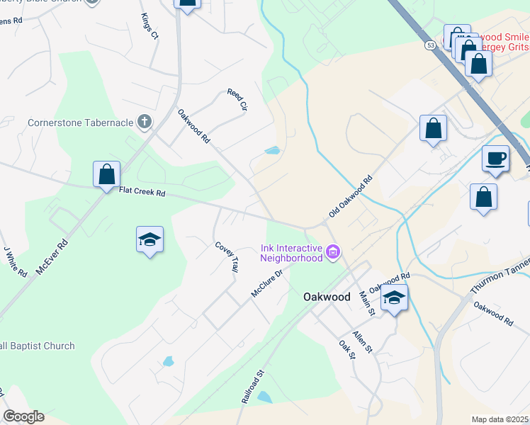 map of restaurants, bars, coffee shops, grocery stores, and more near 3909 Flat Creek Road in Oakwood