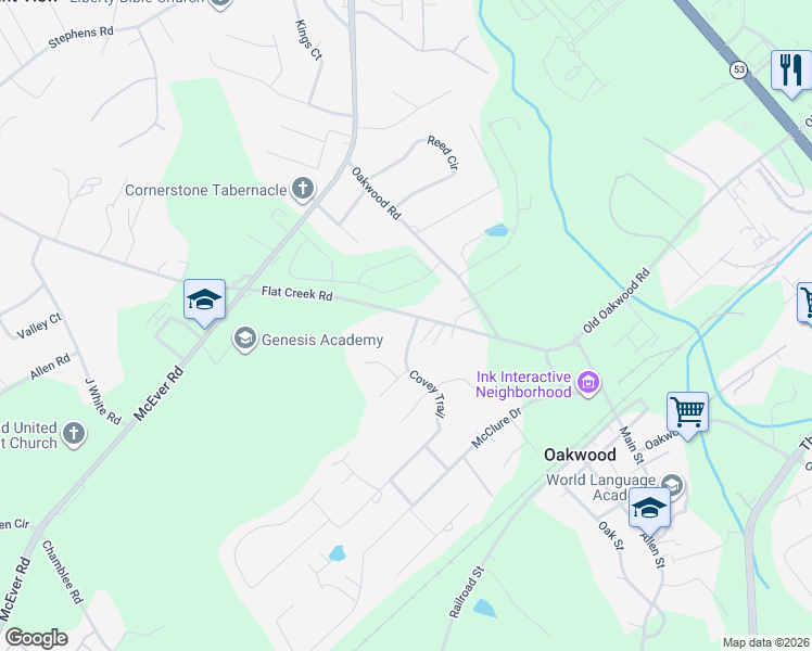 map of restaurants, bars, coffee shops, grocery stores, and more near 4006 Covey Trail in Oakwood